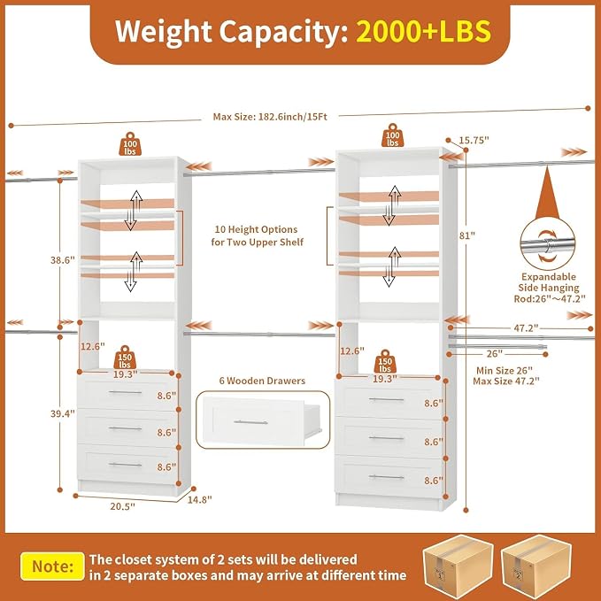 Closet System with 6 Drawers, 5-14FT Custom Closet Organizer System with 8 - Image 3