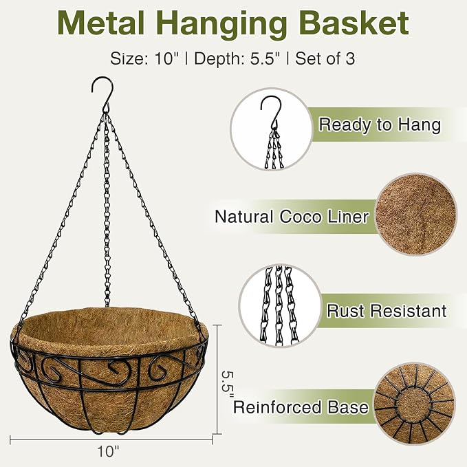 10 Inch Hanging Baskets for Plants Outdoor, 3 Pack Metal Wire Hanging Planters - Image 2