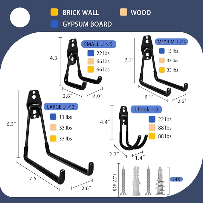 Garage Hooks Heavy Duty, 12 Pack Anti-Slip Coating Garage Wall Storage Hooks - Image 2