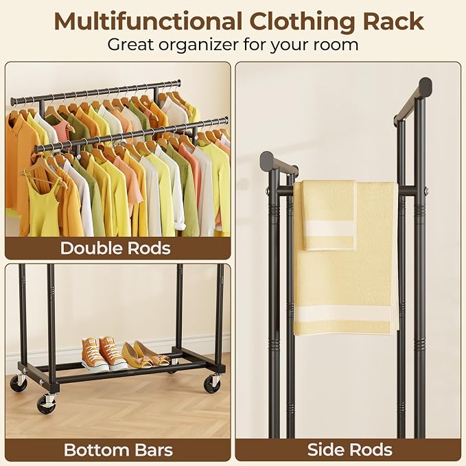 HYSEYY Double Rods Clothes Rack, Rolling Clothing Rack - Image 3