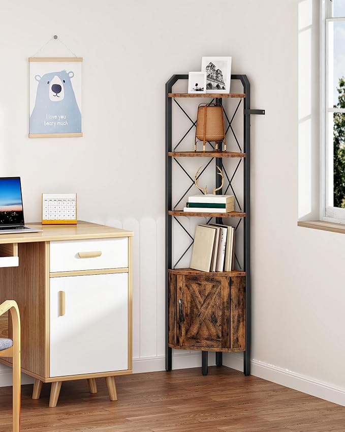 62.2" Corner Shelf with Cabinet, 4-Tier Tall Corner Bookshelf with X-Shaped and - Image 7
