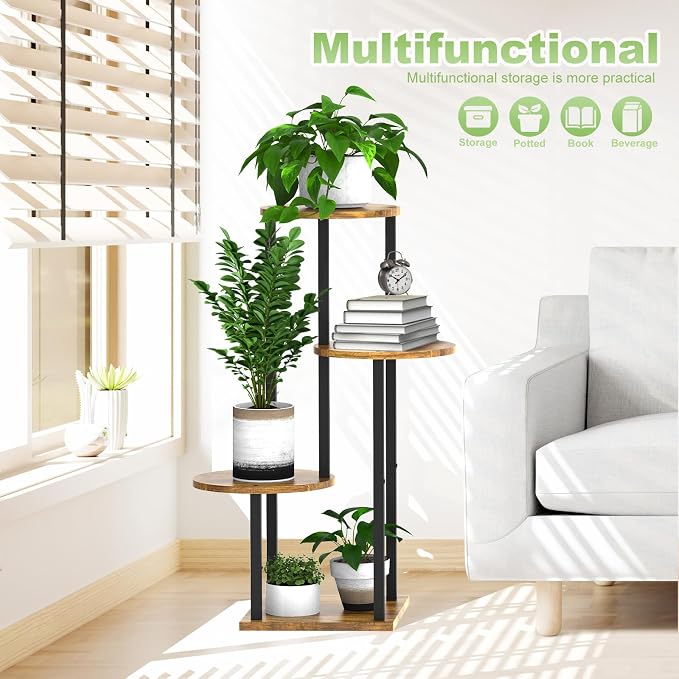 4 Tier Wood Tall Plant Stand Metal Rack Indoor, Round Planter Shelf Display - Image 6