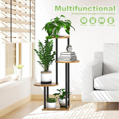 4 Tier Wood Tall Plant Stand Metal Rack Indoor, Round Planter Shelf Display - Image 6