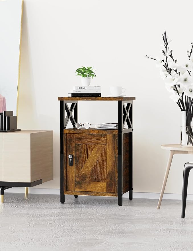 runjuly Wooden Nightstand with Lock Storage Cabinet, Rustic Brown | Locking - Image 5