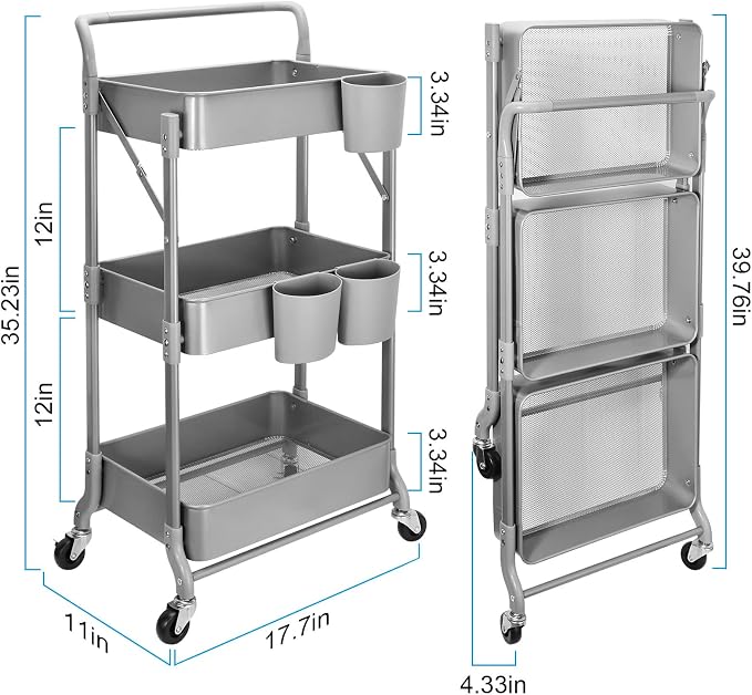 Foldable 3 Tier Metal Utility Rolling Cart, Folding Mobile Multi-Function - Image 5