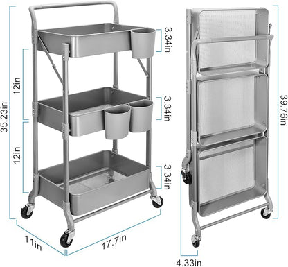 Foldable 3 Tier Metal Utility Rolling Cart, Folding Mobile Multi-Function - Image 5