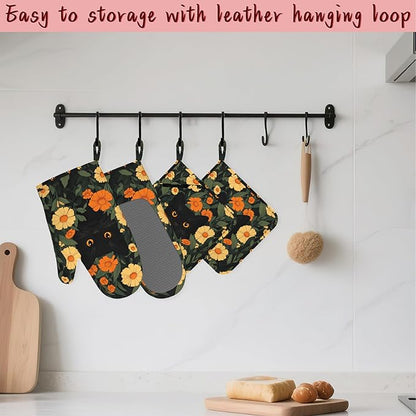 Black Cat Flowers Heat-Resistant Silicone Oven Mitts and Pot Holder 4 Piece Set - Image 5