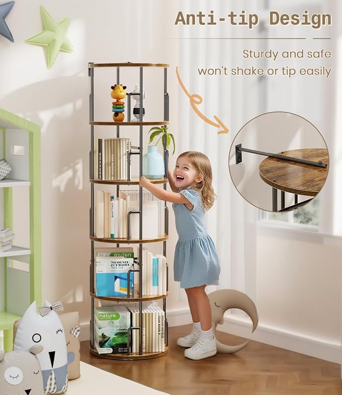 5 Tier Rotating Bookshelf Tower Round, Tall Floor Standing Spinning Bookshelf - Image 6