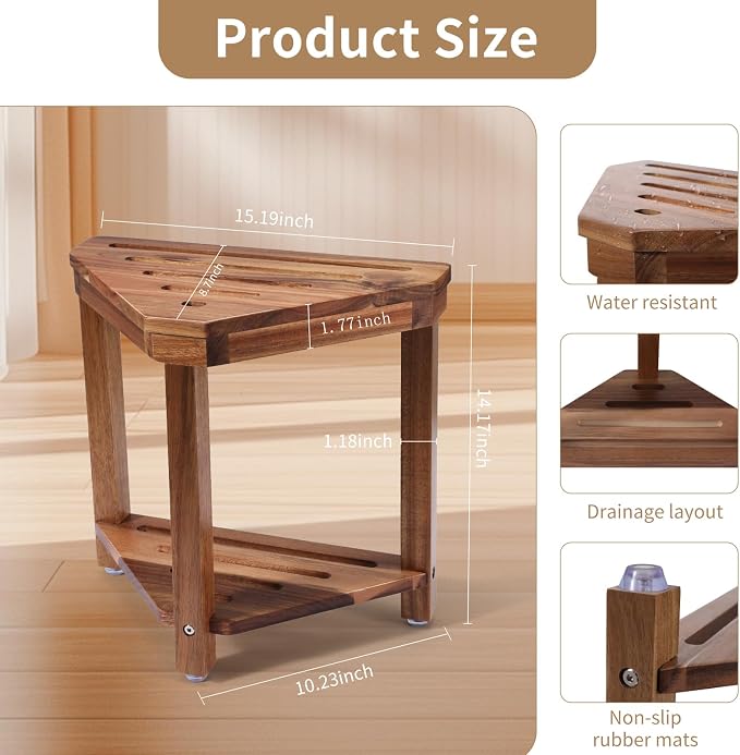 Boulphia Shower Foot Rest 14in, Acacia Wood Shower Stool - Image 3