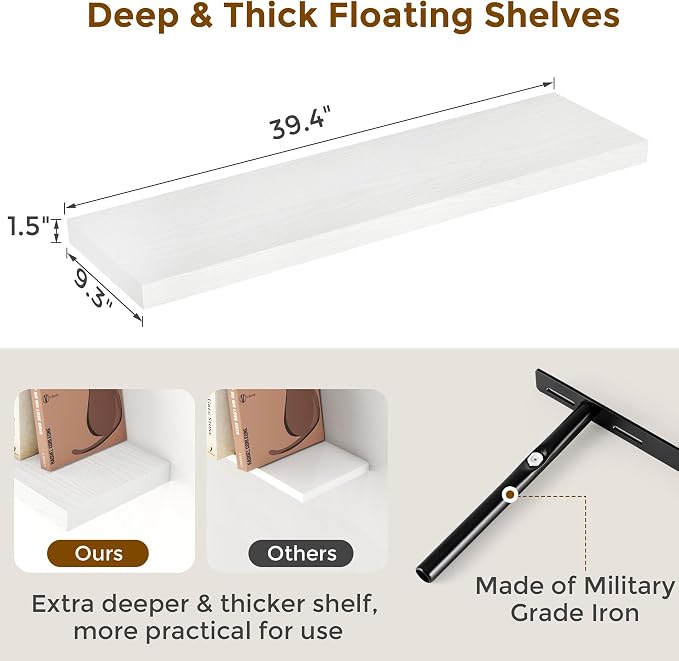 Fun Memories 40 Inch Floating Shelves White, Farmhouse Wood Wall Shelves - Image 3