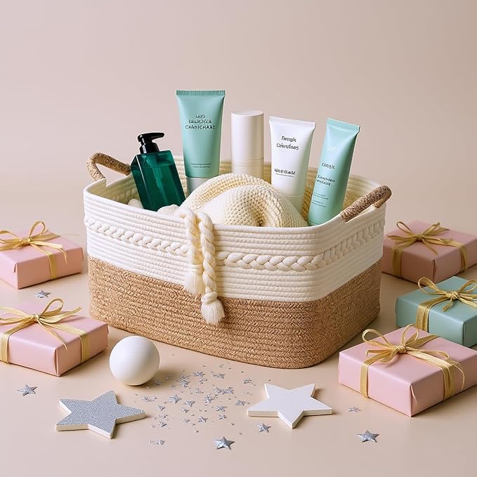 Decorative laundry basket with handles woven from natural cotton rope storage - Image 3