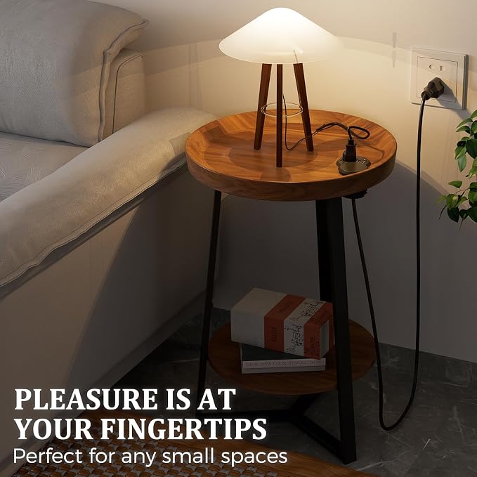 Gadroad Round End Table with Charging Station, USB Ports, Wood Tabletop & Black - Image 7