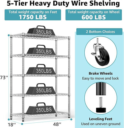 5-Shelf Storage Shelves, Wire Shelving Heavy Duty Metal Storage Shelving Unit - Image 3