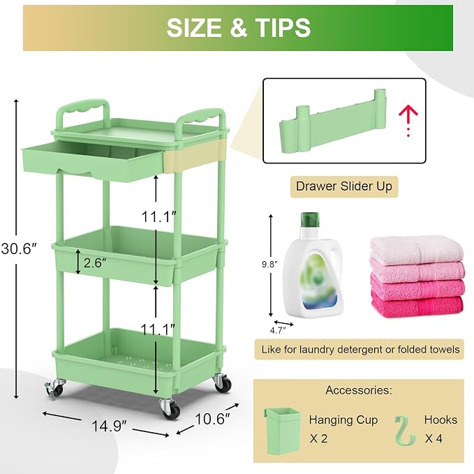 Goovilla 3 Tier Rolling Utility Cart Organizer - Image 4