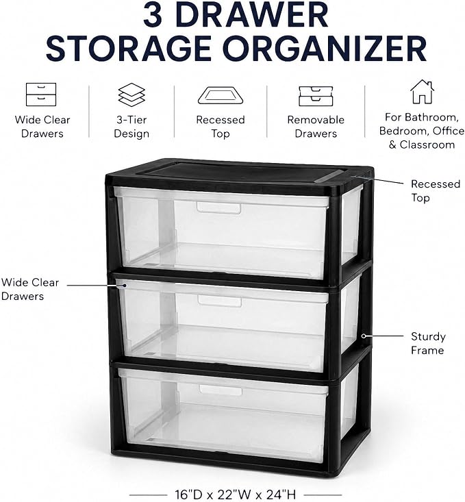 3 Drawer Plastic Storage Tower Wide Organizer - Image 3