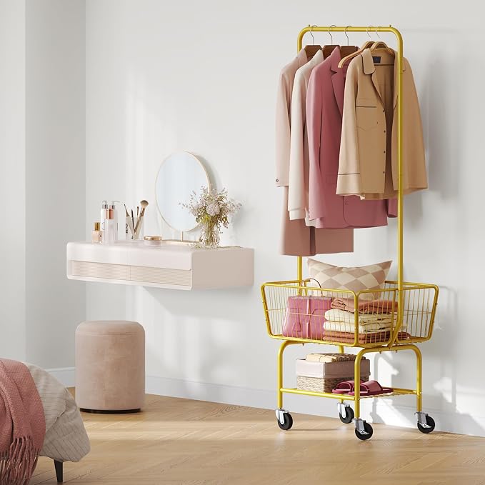 Tajsoon Laundry Cart with Wheels, Metal Rolling Laundry Hamper with Hanging Rack - Image 6