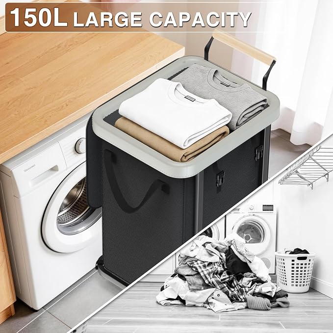 40 Gal Laundry Hamper with Lid, Leather Patchwork Laundry Baskets with Wheels - Image 4