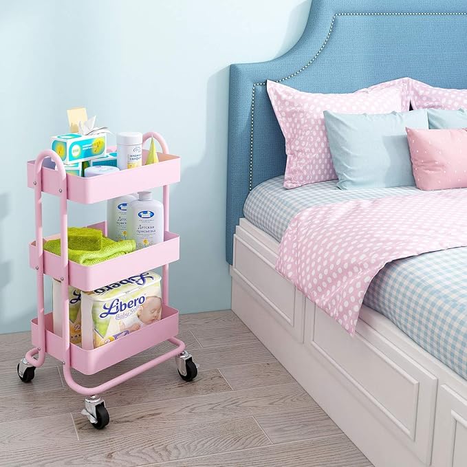 Metal Rolling Cart, 3-Tier Pink Rolling Cart - Image 5