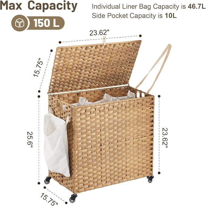 Laundry Hamper with Wheels, 39.6 Gallon Rolling Laundry Basket with Lid - Image 4