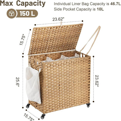 Laundry Hamper with Wheels, 39.6 Gallon Rolling Laundry Basket with Lid - Image 4