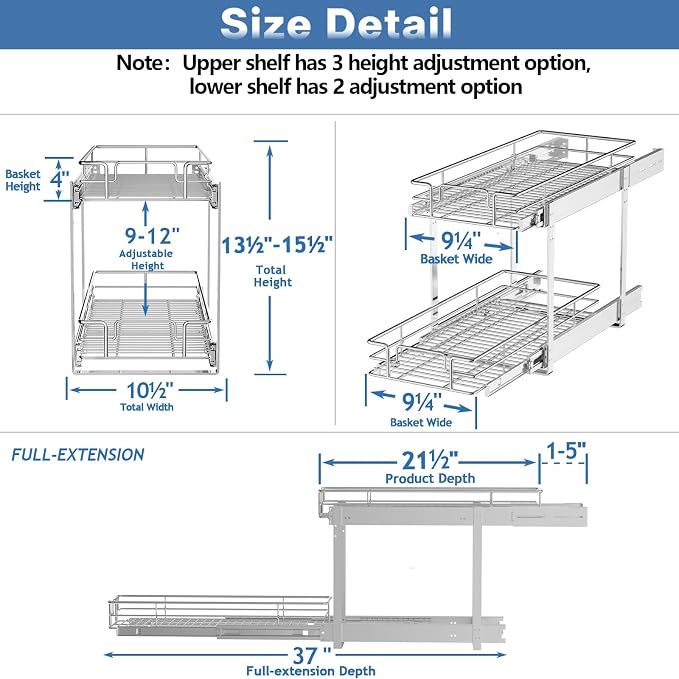 LOVMOR 2 Tier Individual Pull Out Cabinet Organizer 10½" W x 21½" D, Slide Out - Image 3