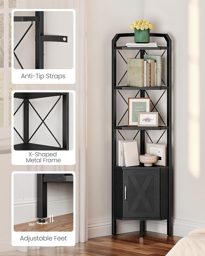 62.2" Corner Shelf with Cabinet, 4-Tier Tall Corner Bookshelf with X-Shaped and - Image 6