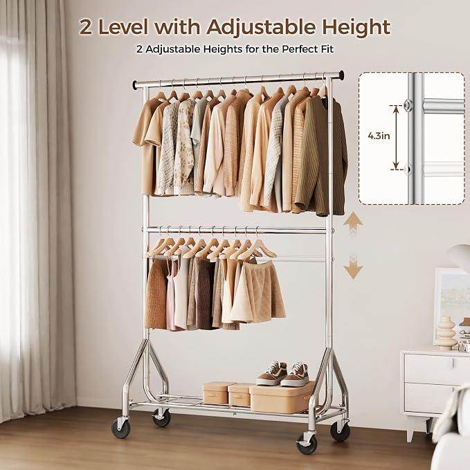 HYSEYY Heavy Duty Clothes Rack, Double Rod Clothing Rack - Image 3