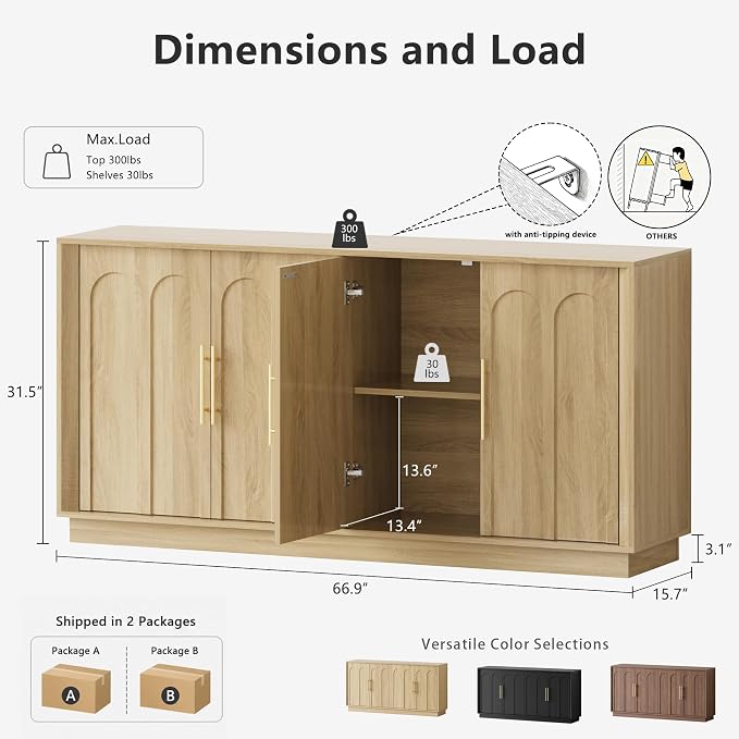FORTUNETEC 67" Sideboard Buffet Cabinet - Image 2