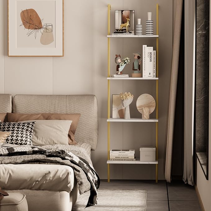 Ladder Shelf 4 Tiers Metal Industrial Bookshelf, Wall Mount Wide Book Case - Image 8