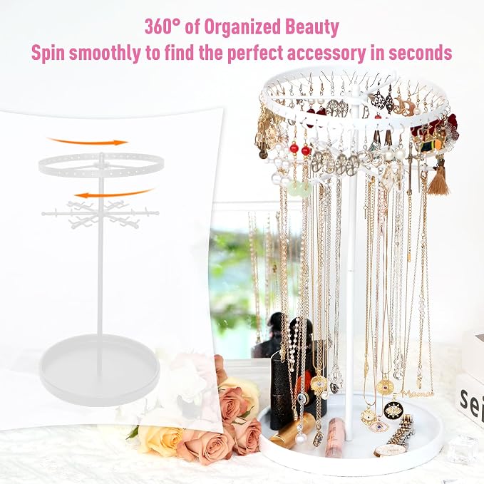 360 Rotating 2-Tier Jewelry Organizer Stand, Large Earring Holder Organizer - Image 2