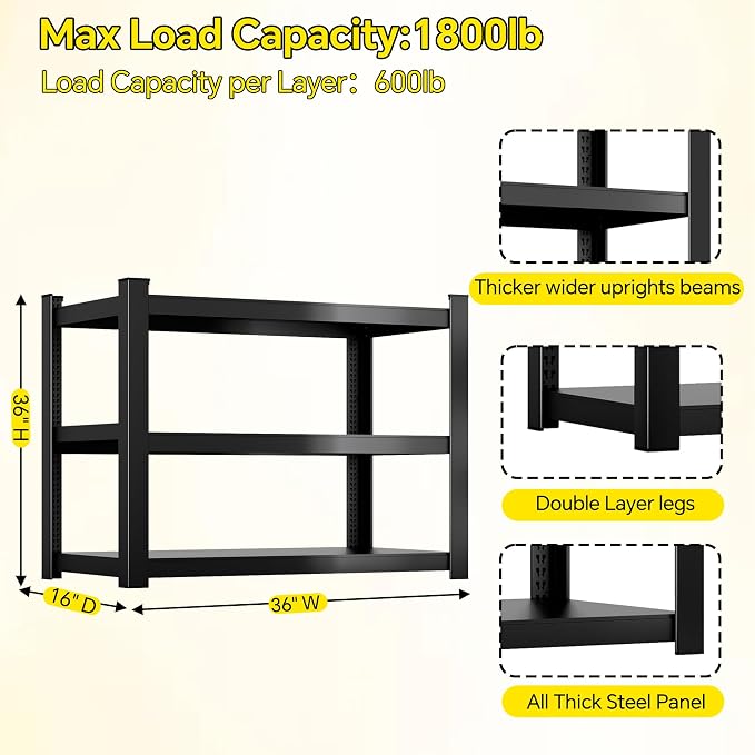 CJF Metal Storage Shelves, 3-Tier Garage Shelving Unit, Heavy Duty Adjustable - Image 3