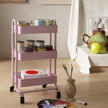Metal Rolling Cart, 3-Tier Pink Rolling Cart - Image 6