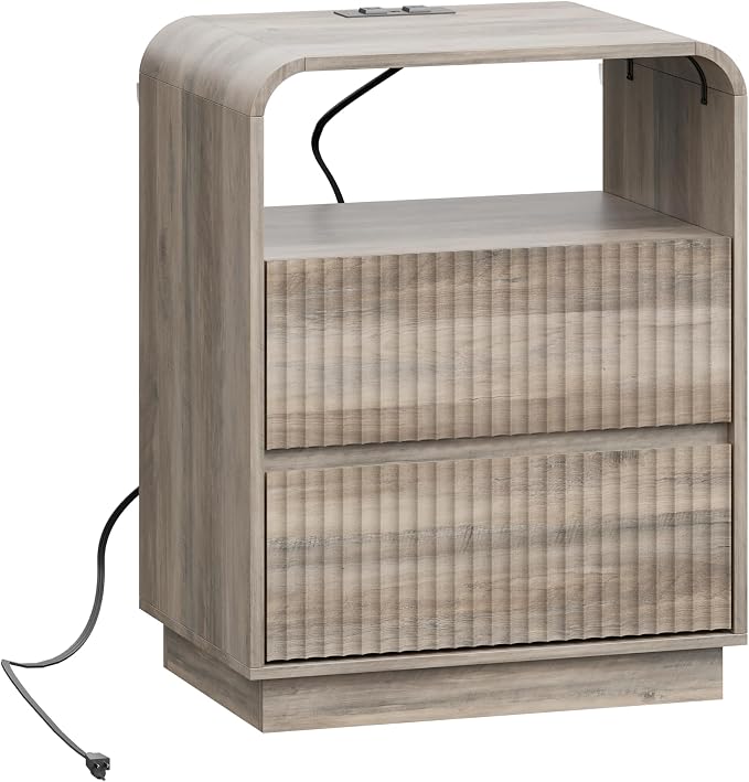 Grey Nightstand with Charging Station, Mid Century Modern Bedside Table & End - Image 8