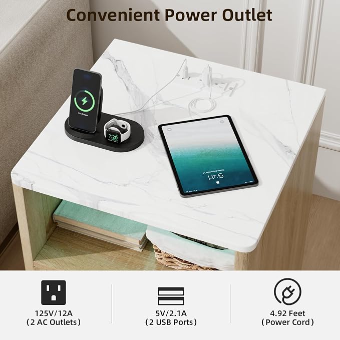 VOWNER Fluted Nightstand with Charging Station, 18” Night Stand with 2 Drawers - Image 3