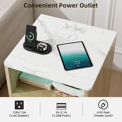 VOWNER Fluted Nightstand with Charging Station, 18” Night Stand with 2 Drawers - Image 3