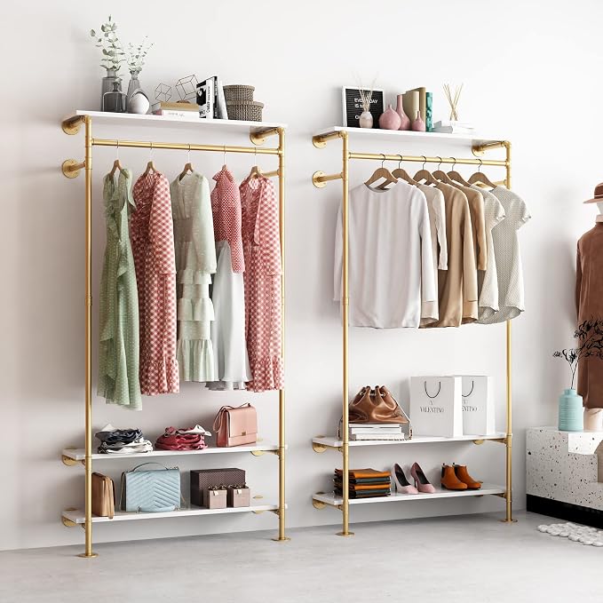 Gold Wall Clothing Racks with White Shelves, Wall Mounted Gold Clothes Rack - Image 6