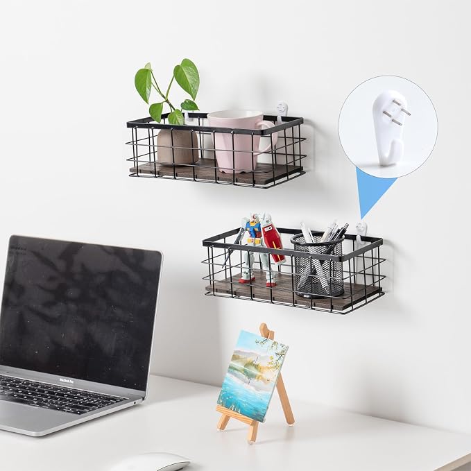 ROSE BLOOM Small Metal Wire Storage Basket, Decorative Wood Base Organizer Bins - Image 5