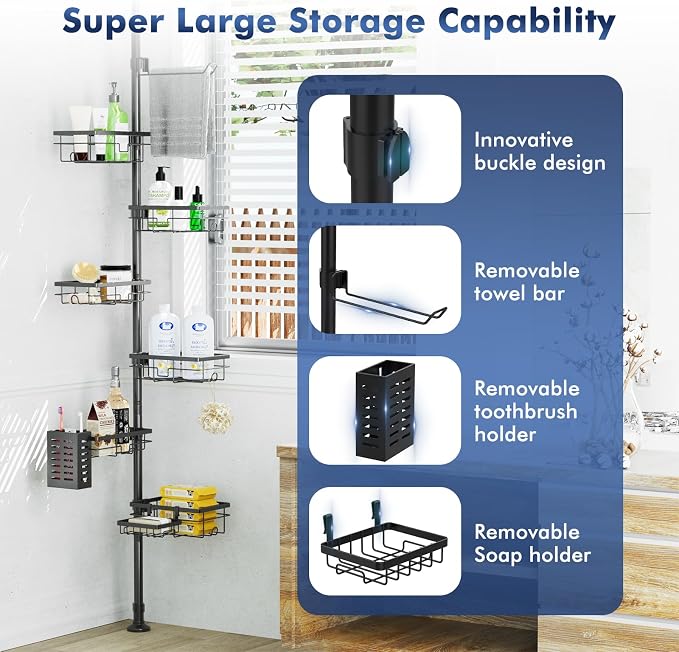Shower Caddy Organizer Tension Pole, Rustproof 6-Pack Corner Shelf - Image 2