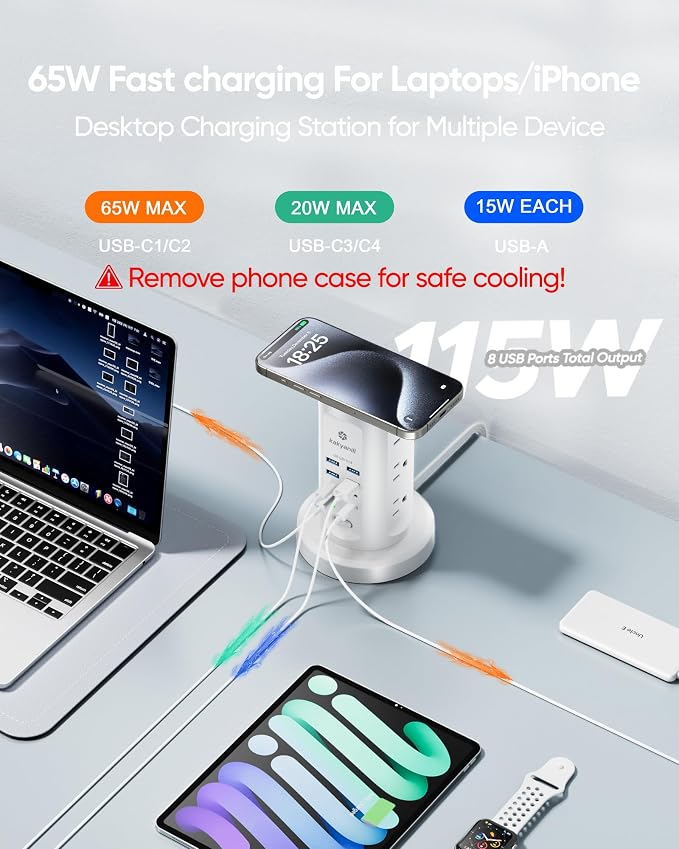 Kakyanill 115W USB Charging Station, Power Strip Tower, 9 AC Outlets - Image 3