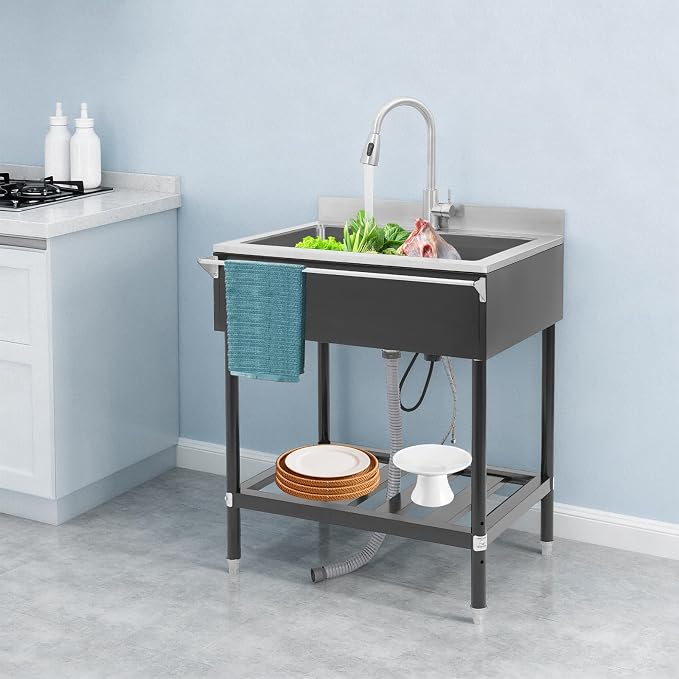 Stainless Steel Utility Sink, Free Standing Single Bowl Kitchen Sink - Image 6