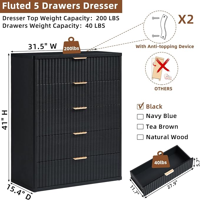 LEYAOYAO Fluted 5 Drawers Dresser - Image 2