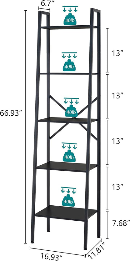 Hoctieon 5-Tier Industrial Ladder Bookshelf, Narrow Ladder Shelf, Tall Standing - Image 3