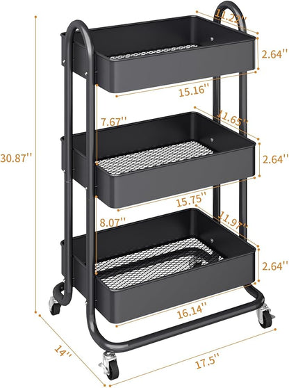 MIOCASA 3-Tier Metal Utility Rolling Cart, Heavy Duty Multifunction Cart - Image 3