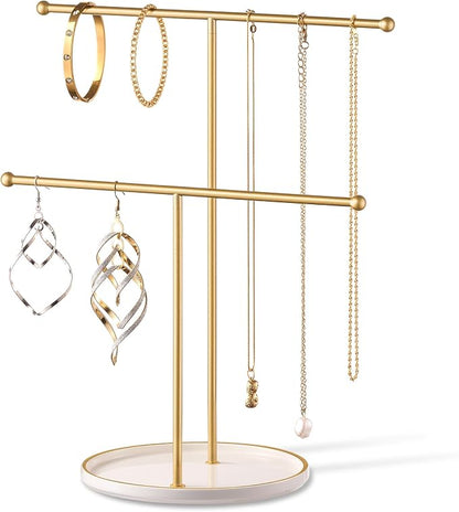 Gold Jewelry Holder Stand with Ceramic Tray: Small Hanging Necklace Organizer - Image 8