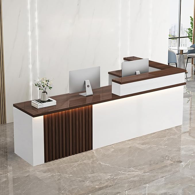 Receptionist Desk with LED Light，Wooden Salon Checkout Counter with Storage by Unknown