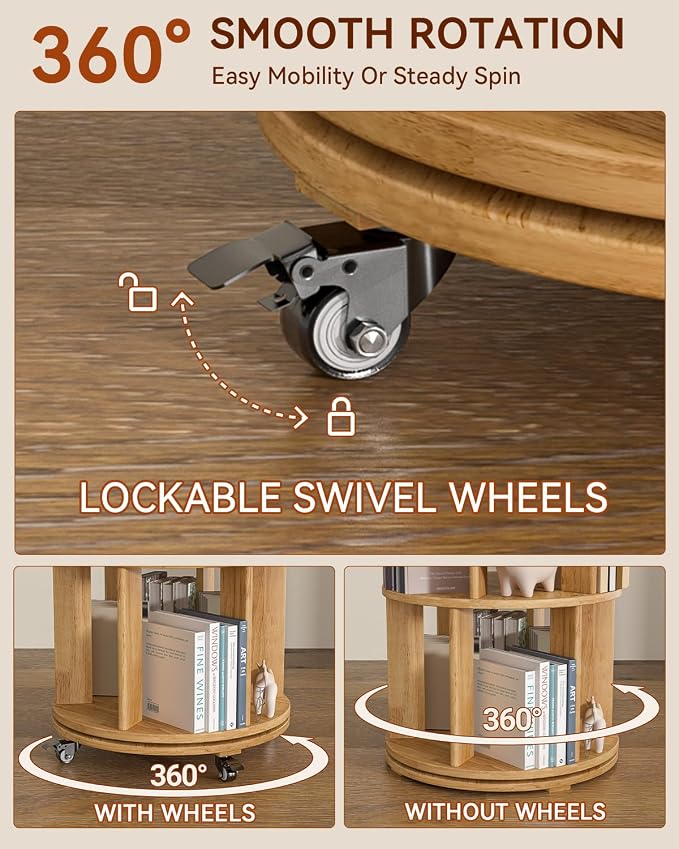 IUNVR Rotating Bookshelf, 4 Tier Solid Wood Bookshelf Tower - Image 5