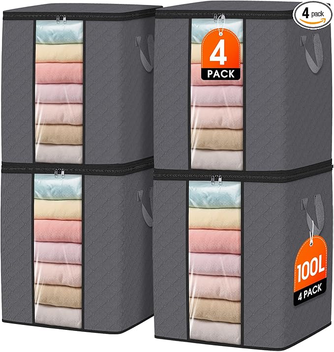SpaceWhisper 4 Pack 100L Clothes Storage, Foldable Thick Fabric Blanket Storage by Unknown