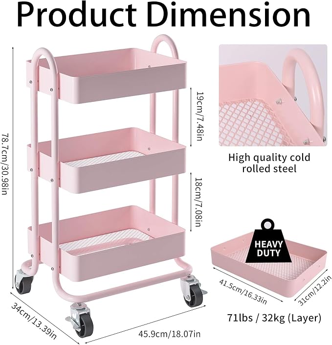 Metal Rolling Cart, 3-Tier Pink Rolling Cart - Image 3
