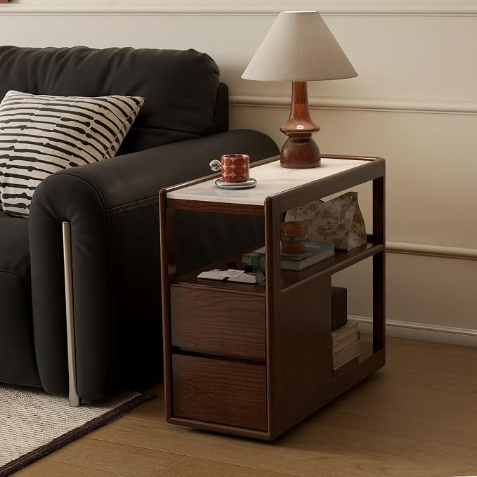 Solid Wood End Table with Storage Drawers, Narrow Side Table by Wayshome