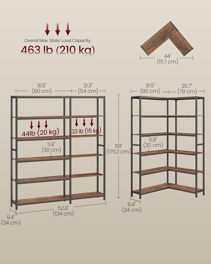 VASAGLE 6 Tier Bookshelf with Metal Frame, Convertible Industrial Corner Shelf - Image 3